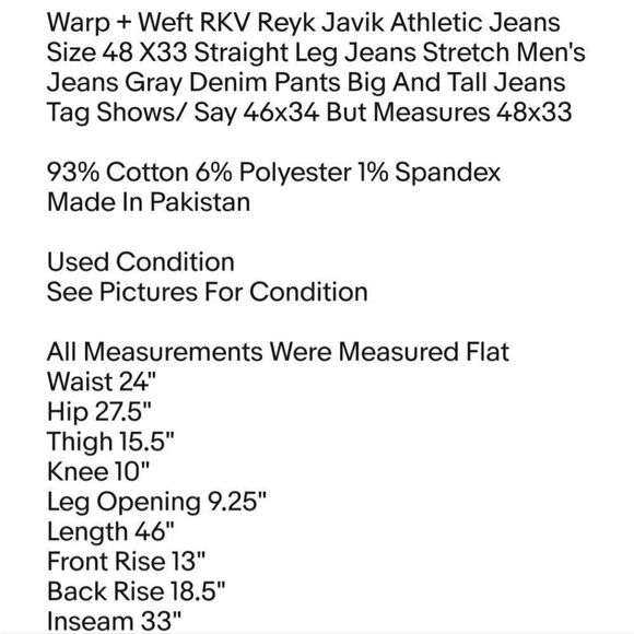 Warp + Weft RKV Reyk Javik Athletic Jeans Size 48 X33 Straight Leg Jeans Stretch - Picture 6 of 6